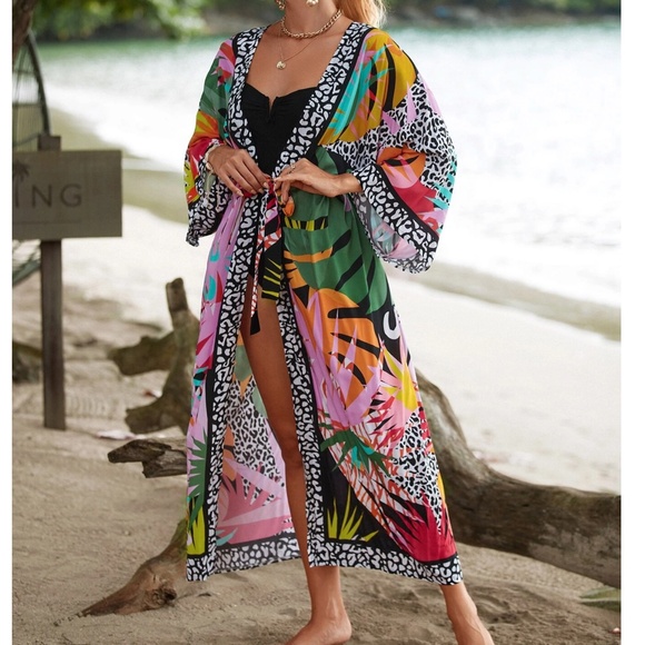 Colorful Tropical Print Duster Beach Cover up Kimono - Picture 1 of 8